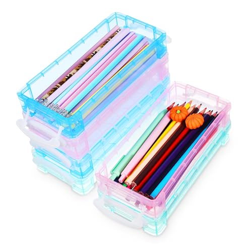 UKCOCO 6 Stück Teiliges Große Transparente Kunststoff Stifteboxen in Blau Grün und Langlebige Federmäppchen mit Großem Fassungsvermögen für Stifte Marker und Pinselaufbewahrung von UKCOCO
