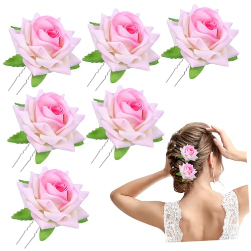 UKCOCO 6 Stück Teiliges U Förmige Haarnadeln mit Künstlicher Rosenblüte Zarte Haarforken Dekorativer Haarschmuck in Rosa Geeignet für Hochzeit Party Alltag für Damen von UKCOCO