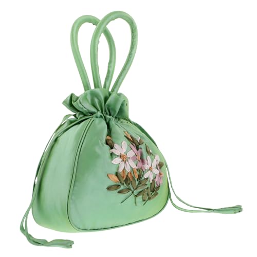 UKCOCO Bestickte Mutterhandtasche Kleine Blumenhandtasche Sticked Blumen Geldbeutel Blumengestickte Handtaschen Bestickte Geldbörse Handtasche Mit Kordelzug Unterarmtasche Polyester Grün von UKCOCO