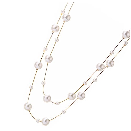 UKCOCO Damen Doppelreihige Perlenkette Weiß Imitationsperlen Choker Lange Halskette Leichtes Design für Alltag Valentinstag Weihnachten von UKCOCO