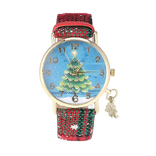 UKCOCO Damenuhr Damen Modische Uhr Weihnachtsanhänger Elegante PU Leder Quarz Armbanduhr Freizeit Schneeflocke Stil Uhr Schmuck für Damen (Schneeflocke mit Weihnachtsbaum Anhänger) von UKCOCO