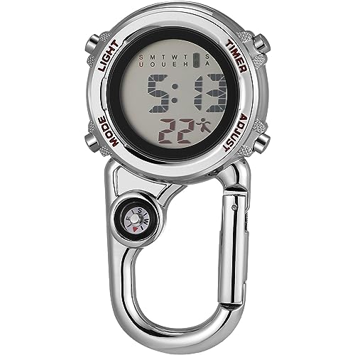 Karabiner Uhr- Edelstahl Clip auf Uhr Multi- Funktion Digital Karabiner Uhr Fob Uhr mit Wecker Datum Woche Kompass für Kletterer Krankenschwester Rettungssanitäter von UKCOCO