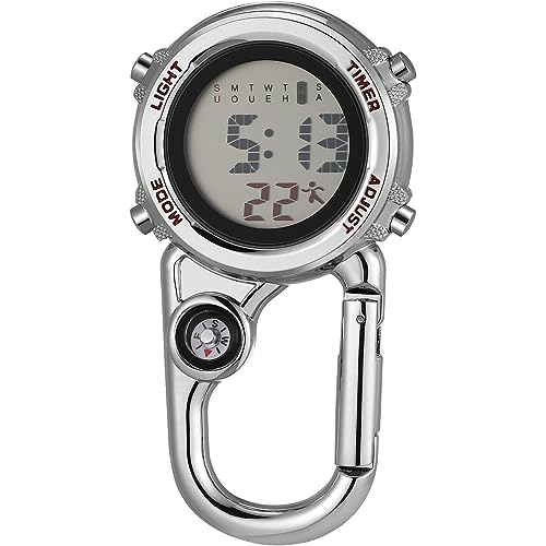 Uhr- Edelstahl Clip auf Uhr Multi- Funktion Digital Uhr Fob Uhr mit Wecker Datum Woche Kompass für Kletterer Rettungssanitäter von UKCOCO