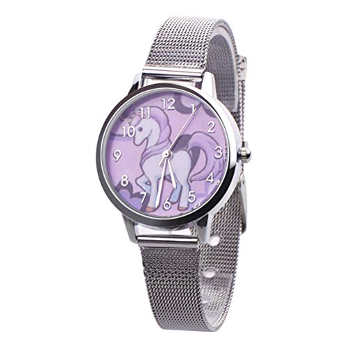 UKCOCO Kinderuhr Cartoon Einhorn Muster Uhr wasserdichte Armbanduhr Quarzuhr Mode Cartoon Kinder Uhr Armbanduhr mit Stahlbändern (Silber) von UKCOCO