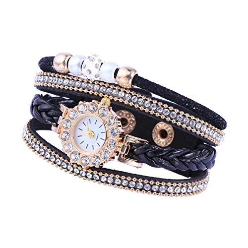 UKCOCO Modeuhr Frauen weben Uhr Mode Persönlichkeit Armband Diamant besetzt Perle Multi- Layer- Uhr (schwarz) von UKCOCO