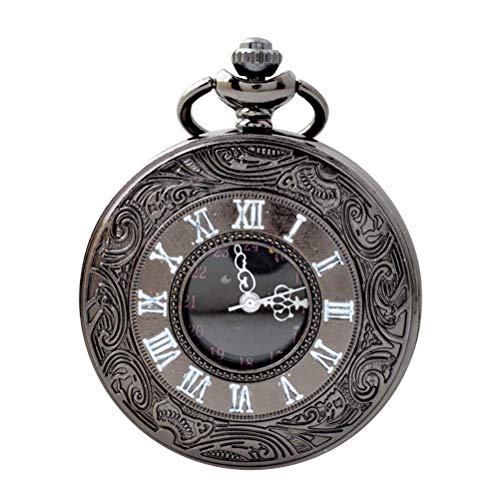 UKCOCO Modeuhr Retro Romanesque Style Hängende Taschenuhr Vintage Muster Runde Quarzuhr Anhänger Kette Halskette (Schwarz) von UKCOCO