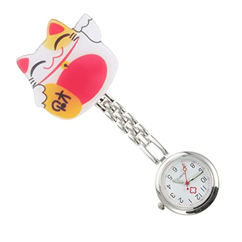 UKCOCO Ornamente Cartoon Uhr mit Second Hand Edelstahl Taschenuhr Quarzuhr mit Glück Katze Clip auf Uhr Medizinische Taschenuhr Weihnachtsschmuck Geschenk für Betrachten von UKCOCO