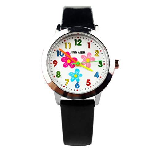 UKCOCO Geschenke Für Kinder Quarzuhr Cartoon Blumenmuster Uhr Kinder Armbanduhr Leder M?dchen Uhr Mode Kinder Uhr Geburtstagsgeschenk für Studenten (schwarz) Süße Kinderuhr von UKCOCO