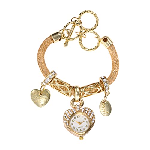 UKCOCO Quarzuhren für Frauen schönes Frauen Armband mit Uhr Rinestone Nieten Uhr Charm Armband, goldfarben, 22.5CM von UKCOCO