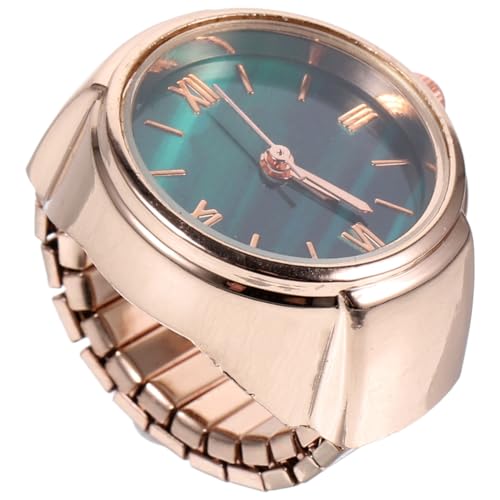 UKCOCO Ringuhr Fingeruhr für Damen: Retro Analog Quarzuhr Elastisch Ringuhr Grün Römischen Ziffern Rundem,Roségold von UKCOCO