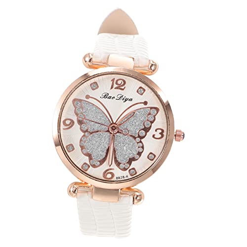 UKCOCO Schmetterling Damen Uhr Damenarmbanduhr Quarzuhren Für Hautfreundliche Damenuhr Armbanduhr Für Damen Damenuhren Freizeituhr Roségold Fräulein Gurt Weiß Zubehör Legierung von UKCOCO