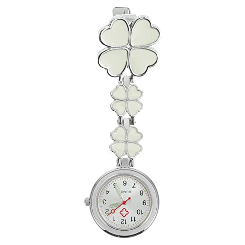 UKCOCO Herzförmige Taschenuhr Taschenuhr Mädchen Uhr Schwesternuhr Clovers Brustuhr Ostern Uhr Geschenk Abzeichen Uhr Gadgets Ansteckuhr Legierung Stift Damen Weiß Anschauen von UKCOCO