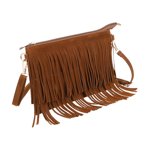 UKCOCO Vintage Fransen Umhängetasche Damen Leichte Quasten Schultertasche Stilvolle Crossbody Tasche mit Geräumigem Innenfach für Alltag und Freizeit Retro Satchel Bag in Braun von UKCOCO