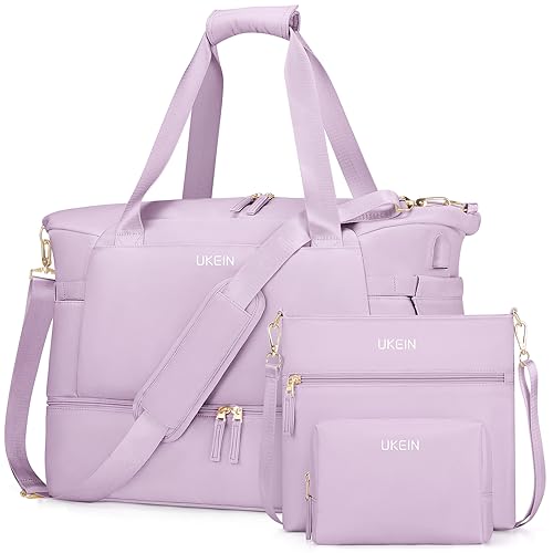 Reisetasche für Damen, Weekender Tasche mit USB-Ladeanschluss, Gym Duffel Bag mit Kulturbeutel & Nassbeutel, Carry On Overnight Tote Bag mit Schuhfach, Reisetasche für Reiseutensilien, Nebel Violett von UKEIN