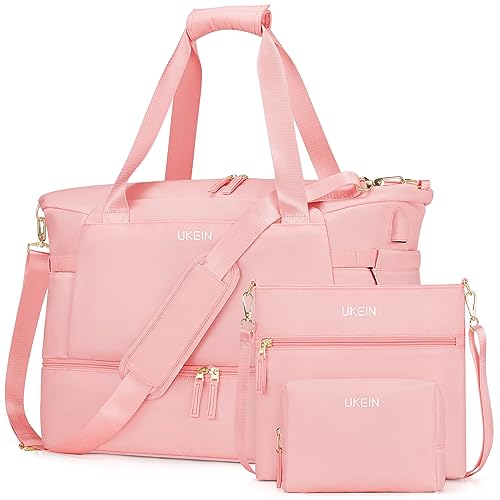 Reisetasche für Damen, Weekender Tasche mit USB-Ladeanschluss, Gym Duffel Bag mit Kulturbeutel & Nassbeutel, Carry On Overnight Tote Bag mit Schuhfach, Reisetasche für Reiseutensilien, Pink von UKEIN