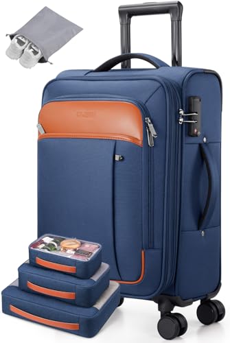 UKEIN Softside Erweiterbares Handgepäck, 55,9 x 35,6 x 22,9 cm, von Fluggesellschaften zugelassen, 50,8 cm Handgepäck mit Rollen und TSA-Schloss, Reisekoffer mit 4-teiligem Packset für Damen und von UKEIN