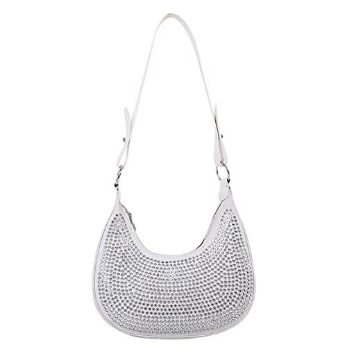 Strasssteine Abend Clutch Tasche, Glänzende Kristall Handtasche Halbmond Diamanten PU Leder Schulterhandtaschen for Frauen Strass Tasche Casual Reisen Einkaufen Top-Griff Unterarm Geldbörsen, weiß von UKETO