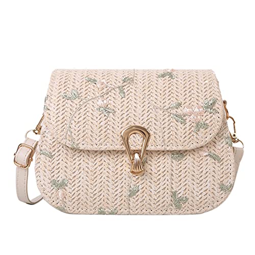 UKETO Sommer Spitze Blume Crossbody Tasche Stroh Strand Messenger Woven Purse Handtasche, weiß von UKETO