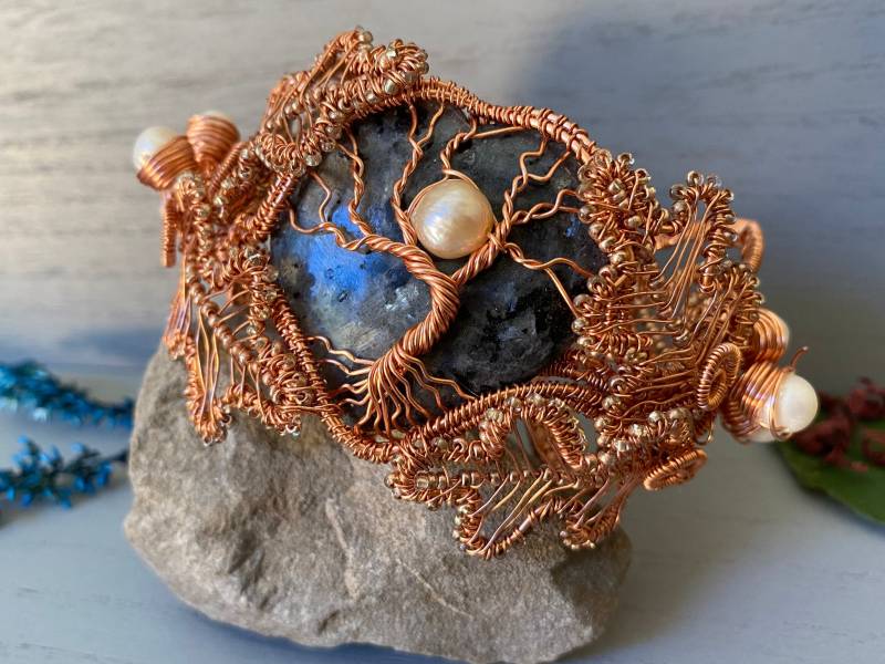 Handgemachte Perlen Und Achat Baum Armband, Natur Wald Kupferdraht Baum, Süßwasser Perlen, Boho Armband von UKGemstoned