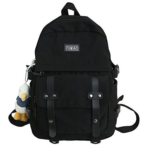 UKKD Schultasche Frauen wasserdichte Nylon-Rucksack Schüler Nette Schultasche Kawaii Mädchen-Rucksack Laptop Weibliche Mode-Buch-Tasche,Schwarz,Mit Ente Anhänger von UKKD