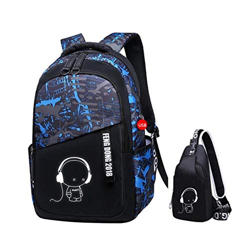 UKKD Schultasche Junge Schulranzen Wasserdicht Großer Rucksack Für Jugendliche Bagpack High-School-Rucksack Für Jungen Student Brust Beutelset,Blaue Tarnung von UKKD