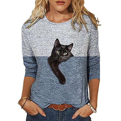 Langarm t-Shirt Damen Harajuku T Shirts Frauen Kleidung Lustige Niedliche 3D Katze Cartoon Drucken Langarm Tshirt-1-Light Blue,S von UKKO