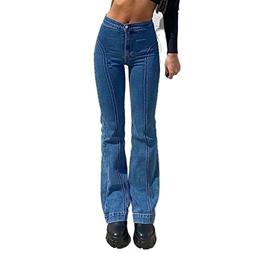 UKKO Damenjeans Mode Flare Pants Skinny Retro Slim Bell Bottoms Blue Jeans-Blue,M von UKKO