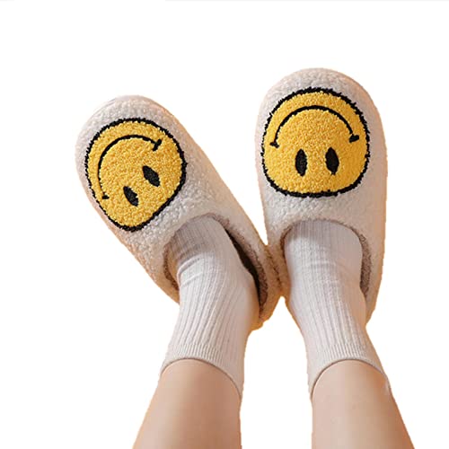 UKKO Hausschuhe Winter Frauen Smiley Hausschuhe Flauschige Faux Pelz Lächeln Gesicht Haushalt Weiche Hausschuhe Schuhe Für Frauen Indoor Weibliche Schuhe-White,44-45(275Mm) von UKKO