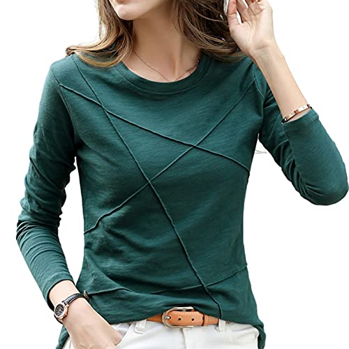 Langarm t-Shirt Damen Ribbed Bambus Baumwollt-Shirt Herbst Frauen Oansatz Lose Einfache Lila T-Shirt-Green,S von UKKO