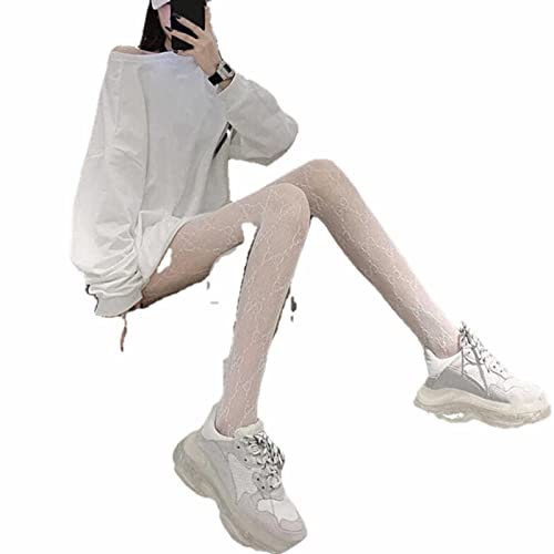 UKKO Strumpfhosen Damen Lolita Ausgehöhlt Spitze Mesh Strümpfe Booden Strumpfhose Lolita Retro Floral Rattan Weiße Strümpfe Strumpfhosen-E,One Size von UKKO