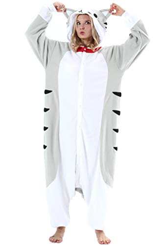 ULEEMARK Damen Herren Jumpsuit Onesie Tier Fasching Halloween Kostüm Lounge Sleepsuit Cosplay Overall Pyjama Schlafanzug Erwachsene Unisex Tabby Katze for L von ULEEMARK
