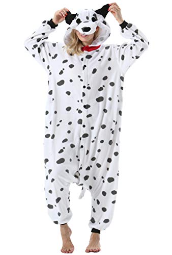 ULEEMARK Damen Herren Jumpsuit Onesie Tier Fasching Halloween Kostüm Lounge Sleepsuit Cosplay Overall Pyjama Schlafanzug Erwachsene Unisex Dalmatiner for XL von ULEEMARK