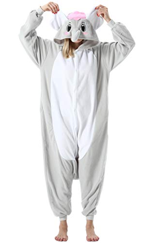 ULEEMARK Damen Herren Jumpsuit Onesie Tier Fasching Halloween Kostüm Lounge Sleepsuit Cosplay Overall Pyjama Schlafanzug Erwachsene Unisex Grau Elefant for M von ULEEMARK