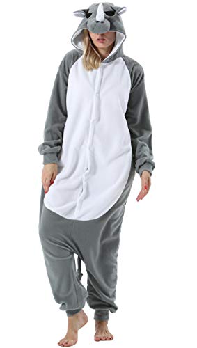 ULEEMARK Damen Herren Jumpsuit Onesie Tier Fasching Halloween Kostüm Lounge Sleepsuit Cosplay Overall Pyjama Schlafanzug Erwachsene Unisex Grau Nashorn for S von ULEEMARK