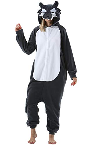 ULEEMARK Damen Herren Jumpsuit Onesie Tier Fasching Halloween Kostüm Lounge Sleepsuit Cosplay Overall Pyjama Schlafanzug Erwachsene Unisex Grau Wolf for XL von ULEEMARK
