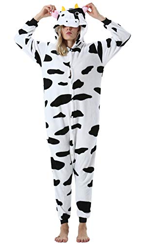 ULEEMARK Damen Herren Jumpsuit Onesie Tier Fasching Halloween Kostüm Lounge Sleepsuit Cosplay Overall Pyjama Schlafanzug Erwachsene Unisex Kuh for M von ULEEMARK