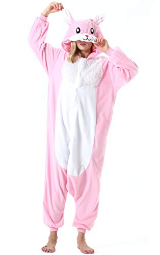 ULEEMARK Damen Herren Jumpsuit Onesie Tier Fasching Halloween Kostüm Lounge Sleepsuit Cosplay Overall Pyjama Schlafanzug Erwachsene Unisex Rosa Kaninchen for L von ULEEMARK