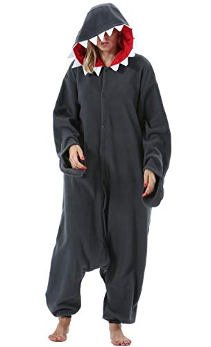 ULEEMARK Damen Herren Jumpsuit Onesie Tier Fasching Halloween Kostüm Lounge Sleepsuit Cosplay Overall Pyjama Schlafanzug Erwachsene Unisex Schwarz Hai for M von ULEEMARK
