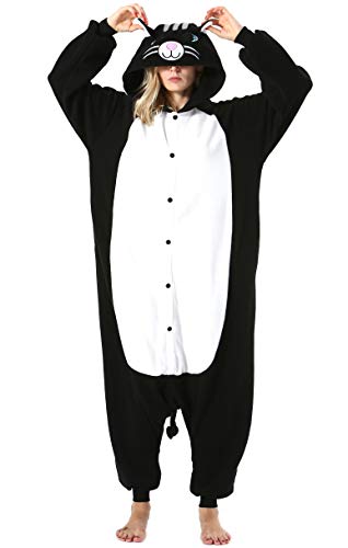 ULEEMARK Damen Herren Jumpsuit Onesie Tier Fasching Halloween Kostüm Lounge Sleepsuit Cosplay Overall Pyjama Schlafanzug Erwachsene Unisex Schwarz Katze for S von ULEEMARK