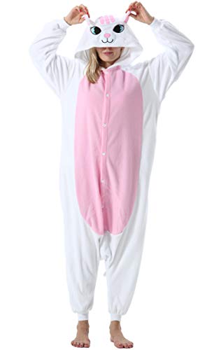 ULEEMARK Damen Herren Jumpsuit Onesie Tier Fasching Halloween Kostüm Lounge Sleepsuit Cosplay Overall Pyjama Schlafanzug Erwachsene Unisex Weiß Katze for XL von ULEEMARK