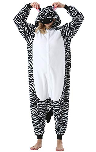ULEEMARK Damen Herren Jumpsuit Onesie Tier Fasching Halloween Kostüm Lounge Sleepsuit Cosplay Overall Pyjama Schlafanzug Erwachsene Unisex Zebra for L von ULEEMARK