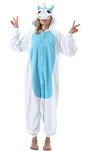 ULEEMARK Damen Jumpsuit Onesie Tier Fasching Halloween Kostüm Lounge Sleepsuit Herren Cosplay Overall Pyjama Schlafanzug Erwachsene Unisex Blau Einhorn for L von ULEEMARK