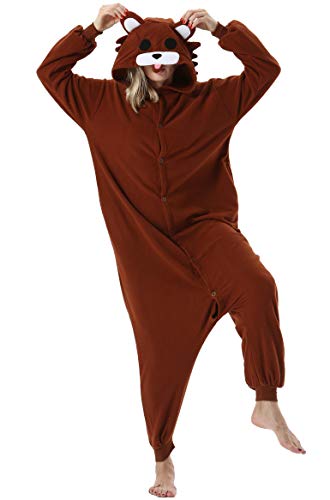 ULEEMARK Damen Jumpsuit Onesie Tier Fasching Halloween Kostüm Lounge Sleepsuit Herren Cosplay Overall Pyjama Schlafanzug Erwachsene Unisex Braun Bär for XL von ULEEMARK
