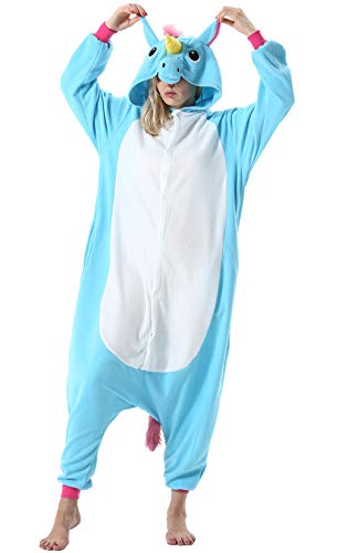 ULEEMARK Damen Jumpsuit Onesie Tier Fasching Halloween Kostüm Lounge Sleepsuit Herren Cosplay Overall Pyjama Schlafanzug Erwachsene Unisex Einhorn Blau for XL von ULEEMARK