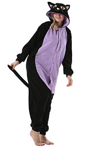 ULEEMARK Damen Jumpsuit Onesie Tier Fasching Halloween Kostüm Lounge Sleepsuit Herren Cosplay Overall Pyjama Schlafanzug Erwachsene Unisex Katze for XL von ULEEMARK