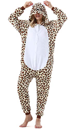 ULEEMARK Damen Jumpsuit Onesie Tier Fasching Halloween Kostüm Lounge Sleepsuit Herren Cosplay Overall Pyjama Schlafanzug Erwachsene Unisex Leopard Bär for S von ULEEMARK
