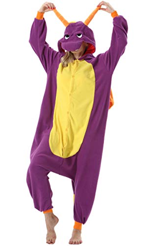 ULEEMARK Damen Jumpsuit Onesie Tier Fasching Halloween Kostüm Lounge Sleepsuit Herren Cosplay Overall Pyjama Schlafanzug Erwachsene Unisex Lila Drache for XL von ULEEMARK