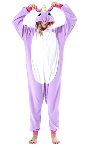 ULEEMARK Damen Jumpsuit Onesie Tier Fasching Halloween Kostüm Lounge Sleepsuit Herren Cosplay Overall Pyjama Schlafanzug Erwachsene Unisex Lila Einhorn for L von ULEEMARK