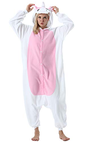 ULEEMARK Damen Jumpsuit Onesie Tier Fasching Halloween Kostüm Lounge Sleepsuit Herren Cosplay Overall Pyjama Schlafanzug Erwachsene Unisex Rosa Einhorn for L von ULEEMARK