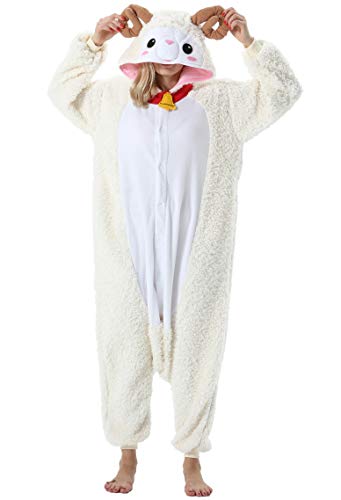 ULEEMARK Damen Jumpsuit Onesie Tier Fasching Halloween Kostüm Lounge Sleepsuit Herren Cosplay Overall Pyjama Schlafanzug Erwachsene Unisex Schaf for XL von ULEEMARK